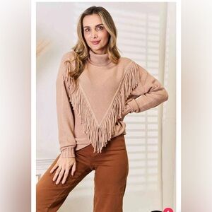 Western Large Copper Color turtleneck fringe front long-sleeve sweater.